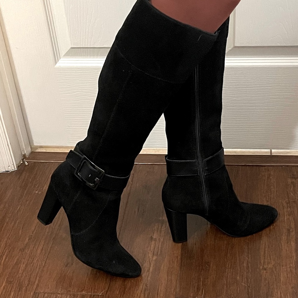 Bandolino Black Leather Suede Tall Dress Boots Heel Size 7.5